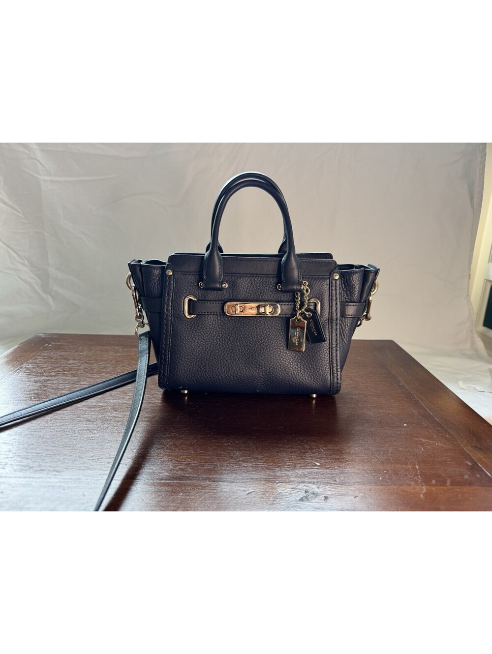 Coach Blue Satchel Top Handle Turn Lock Zip Top Detachable Strap Gold